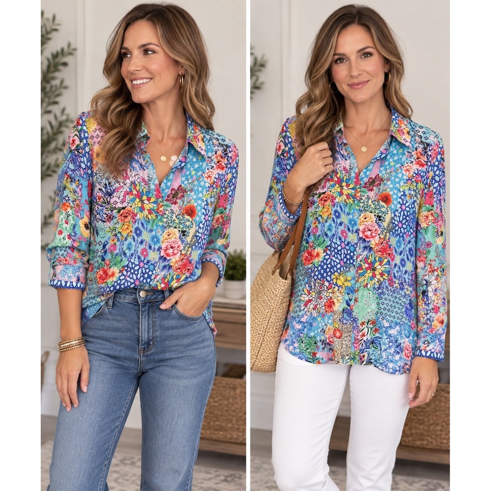 Shana Viscose Silk Floral Patchwork Button Front Blouse Size L Multicolor